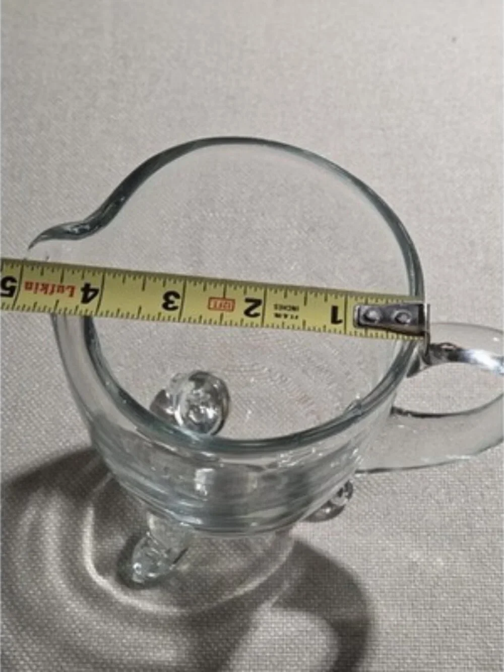 Clear Crystal Hand Blown Pitcher with Handle and Decorative Feet, 6 inches tall